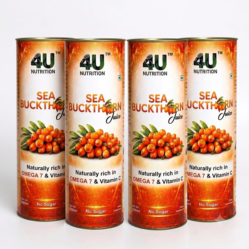 4U Nutrition Sea Buckthorn Juice 500ml (Pack of 4) | Natural Antioxidant Beverage with Vitamin C, Omega 3, 6, 7, 9 | Sea Buckthorn Pulp Concentrate for Daily Wellness & Total Body Care | For Men & Women