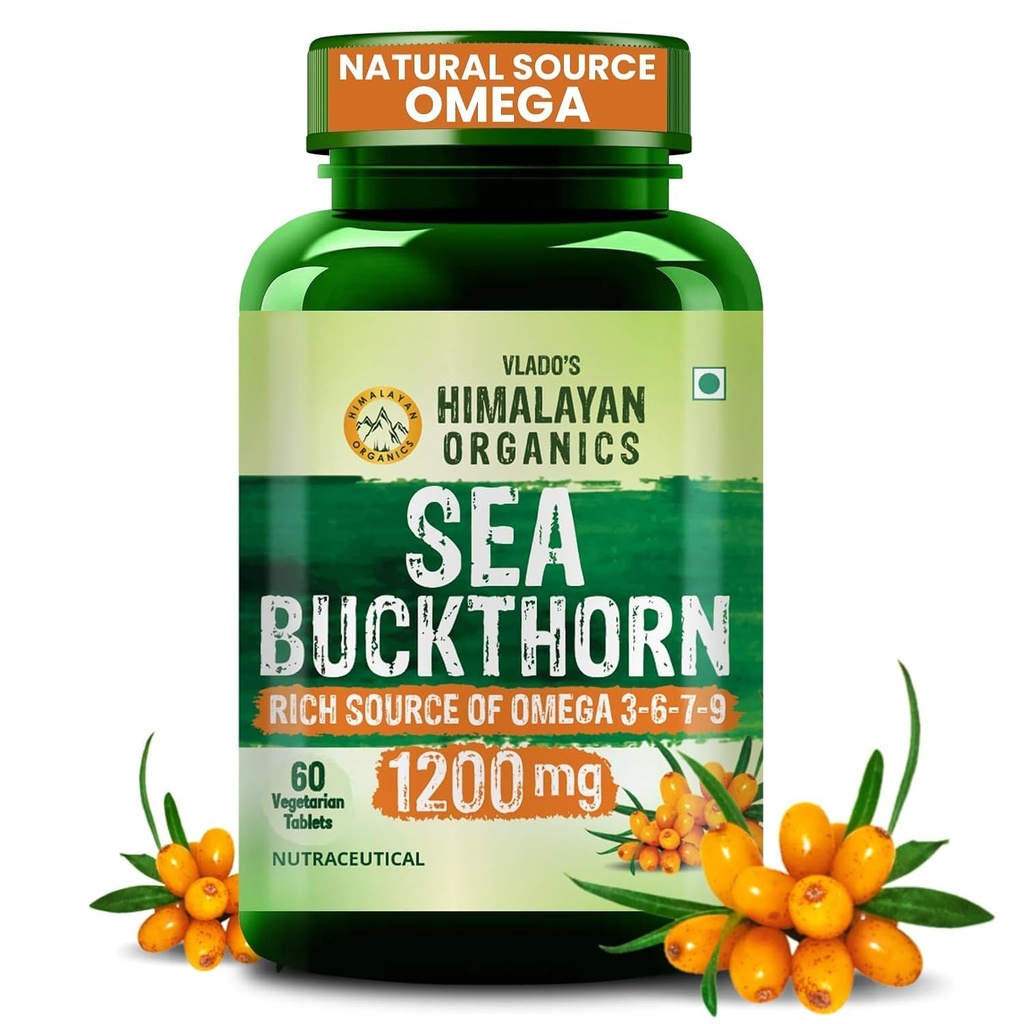 Vlado's Himalayan Organics Sea Buckthorn - 1200mg - Rich source of Omega 3-6-7-9 I 190+ Bio-active Elements ( vitamin A,B,C,D,E, ) Vitmain K - 18+ amino acids+ I Antioxidants, Immunity & Collagen Boosting, Supports Skin, Gut, Heart, Muscle, Bone - Direct source from ladakh- 60 Veg Extract Tablets