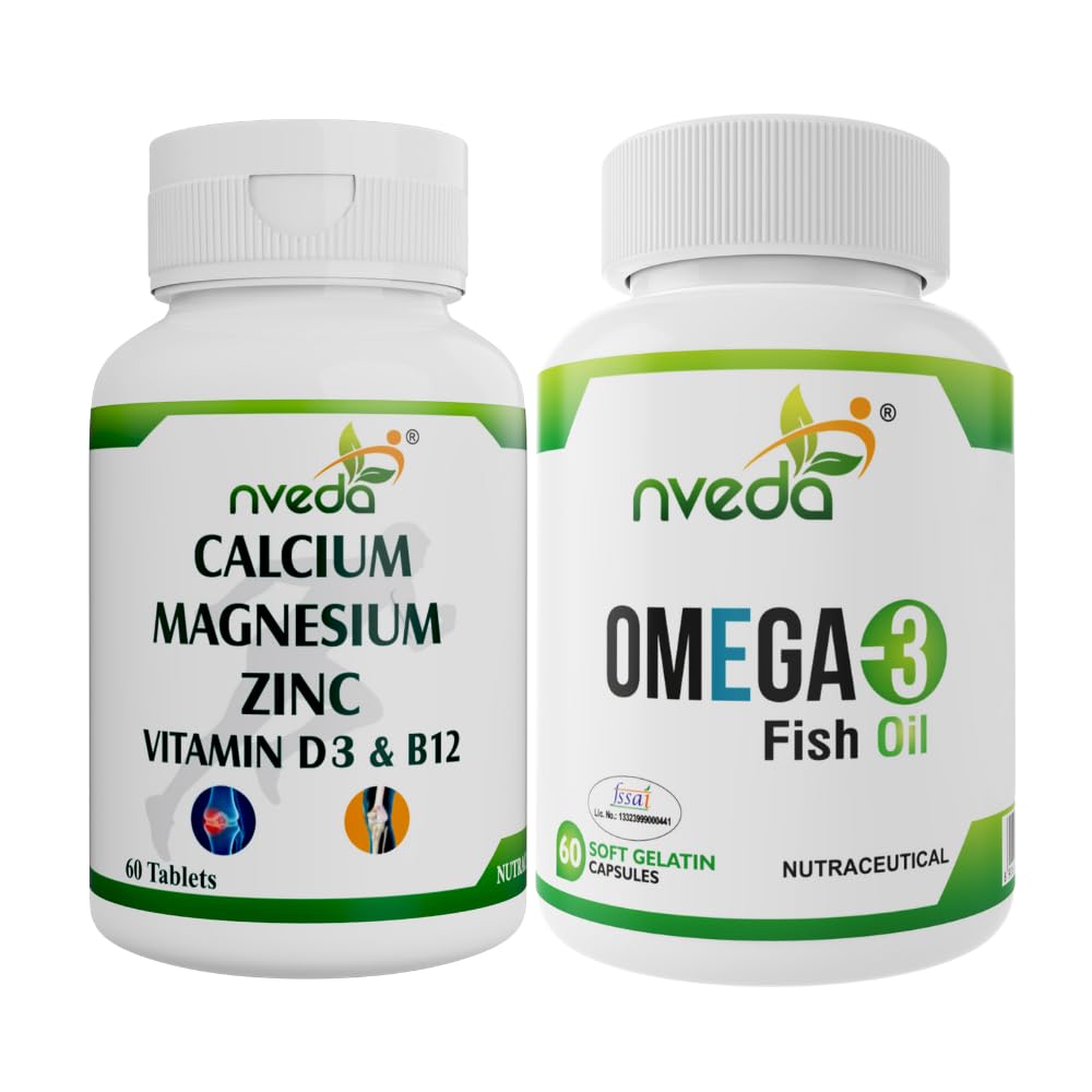 Nveda Omega 3 Fish Oil & Calcium Combo for Men & Women with Omega 3, Calcium, Magnesium, Zinc, Vitamin D3 & Vitamin B12 for Heart, Brain & Bone Health, 60 Capsules + 60 Tablets