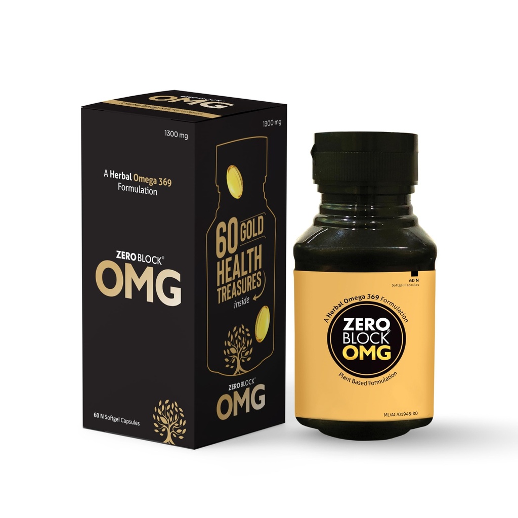 ZERO BLOCK OMG – Plant-Based Omega-3 Softgels (60 Softgels, 1350 mg) – Flaxseed, Punarnava, Rice Bran & Safflower Oils – Supports Heart, Brain, Immunity & Cholesterol