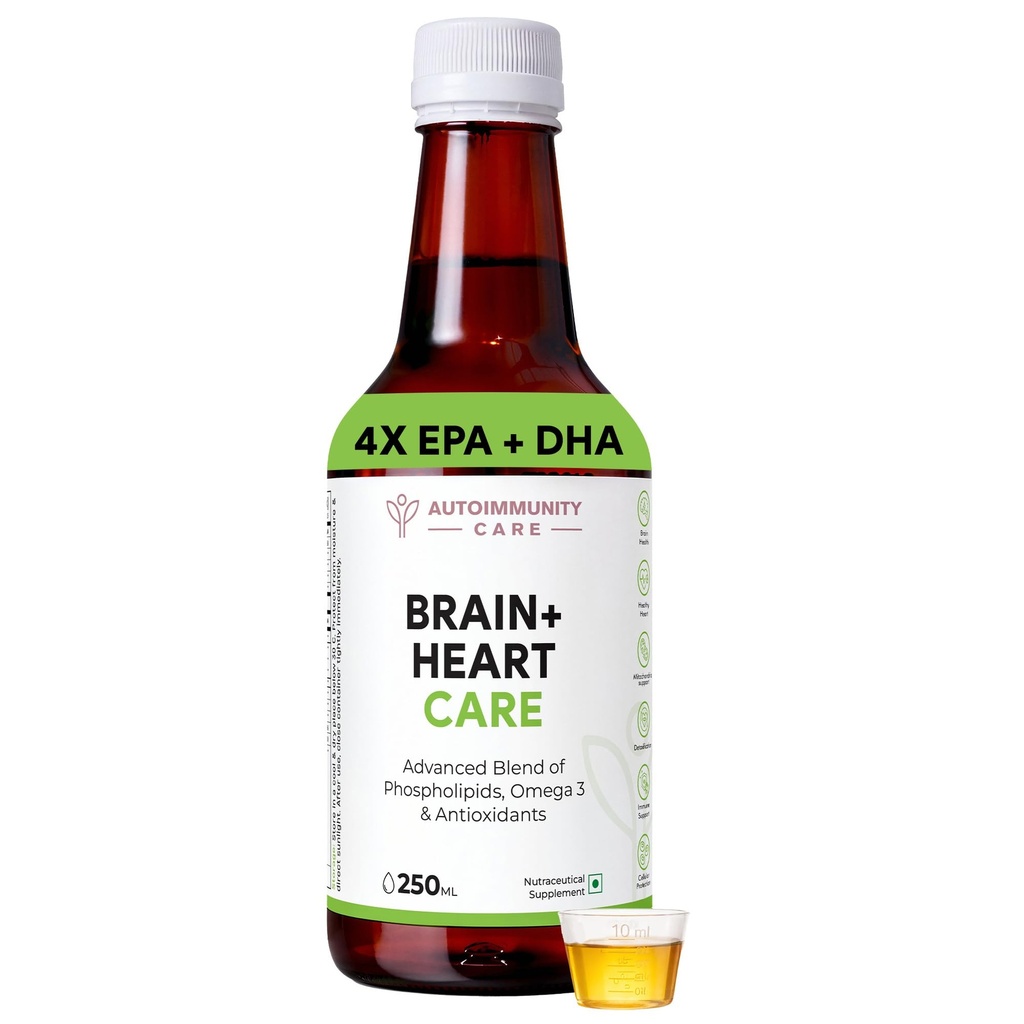 Autoimmunity Care Brain + Heart Care – Vegan Omega 3 EPA DHA with Algal Oil, Phospholipids, MCT and Flaxseed Oil | Brain, Heart, Eye & Joint Health Supplement | High EPA DHA | Astaxanthin & CoQ10 | 250ml (25 Servings)