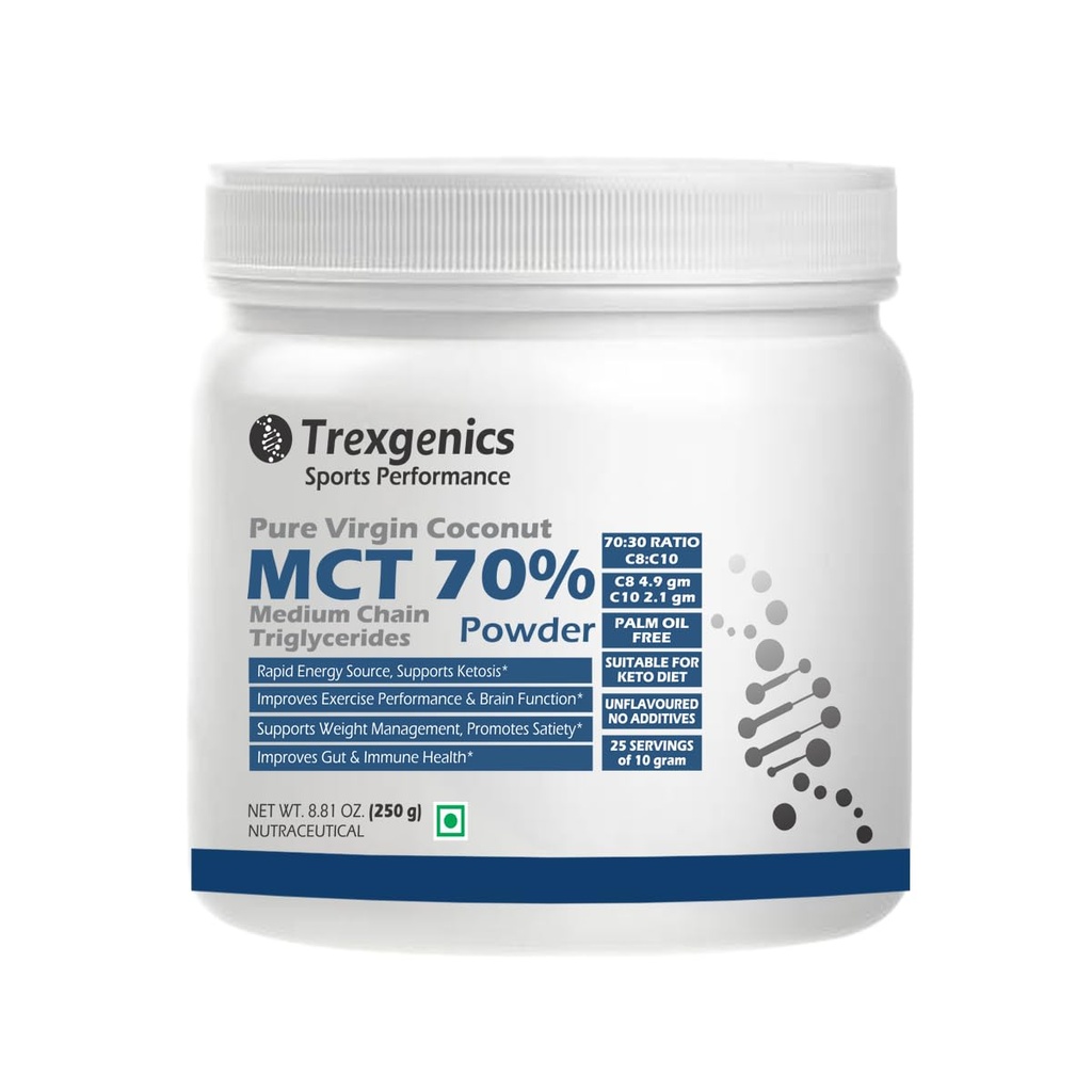 Trexgenics Pure MCT Medium Chain Triglycerides 70% Powder (from Virgin Coconut) 70:30 C8:C10 Ratio, Rapid Energy, Ketosis Support (250 gram)