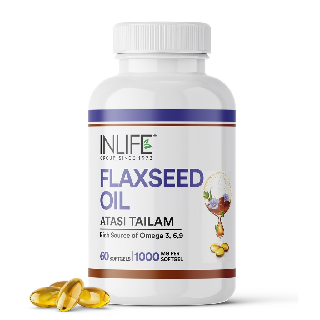 INLIFE Flaxseed Oil Capsules 1000mg Supplement, Omega 3 6 9, 60 Softgels