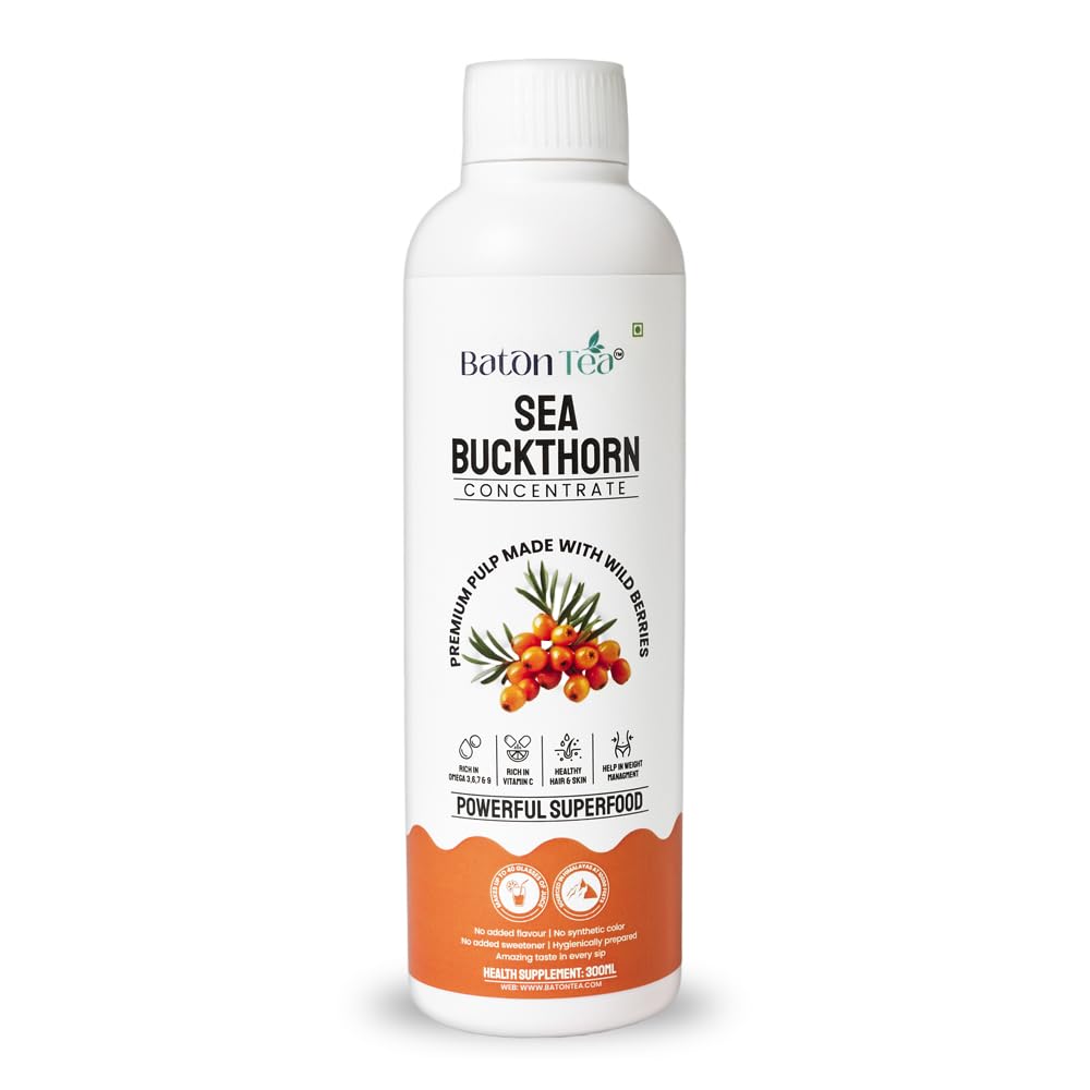 Baton Tea Himalayan Sea Buckthorn Pulp Juice 300ml | Cold-Pressed | Natural Vitamin C, Omega 3 6 7 9, Antioxidants | Immunity, Skin Glow & Gut Health Support | No Added Sugar | Lab Tested |Pack Of 1