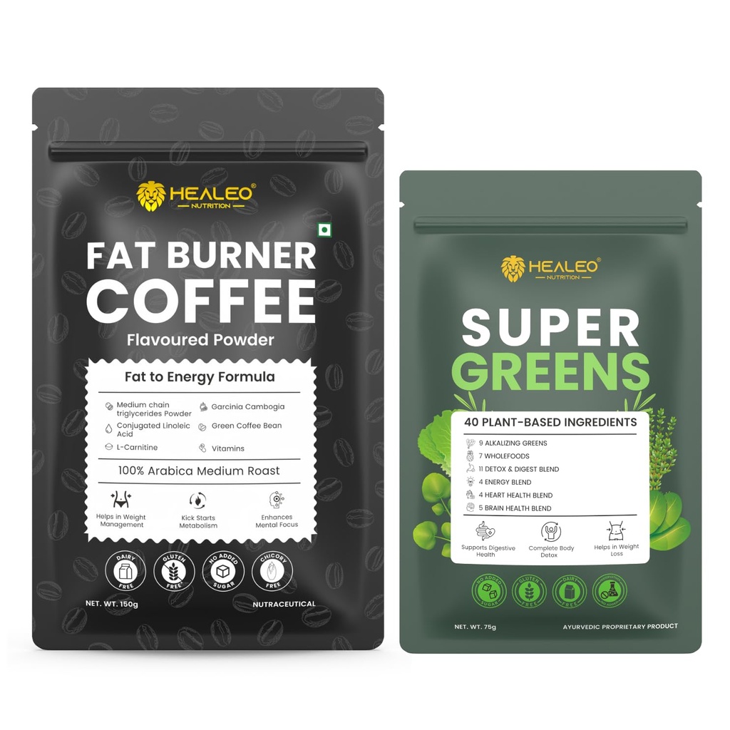 HEALEO Weight Management & Daily Wellness Combo | Fat Burner Coffee with MCT, L-Carnitine & Green Coffee Bean + Super Greens Powder with 40 Plant-Based Ingredients | Metabolism, Detox & Digestive Supp