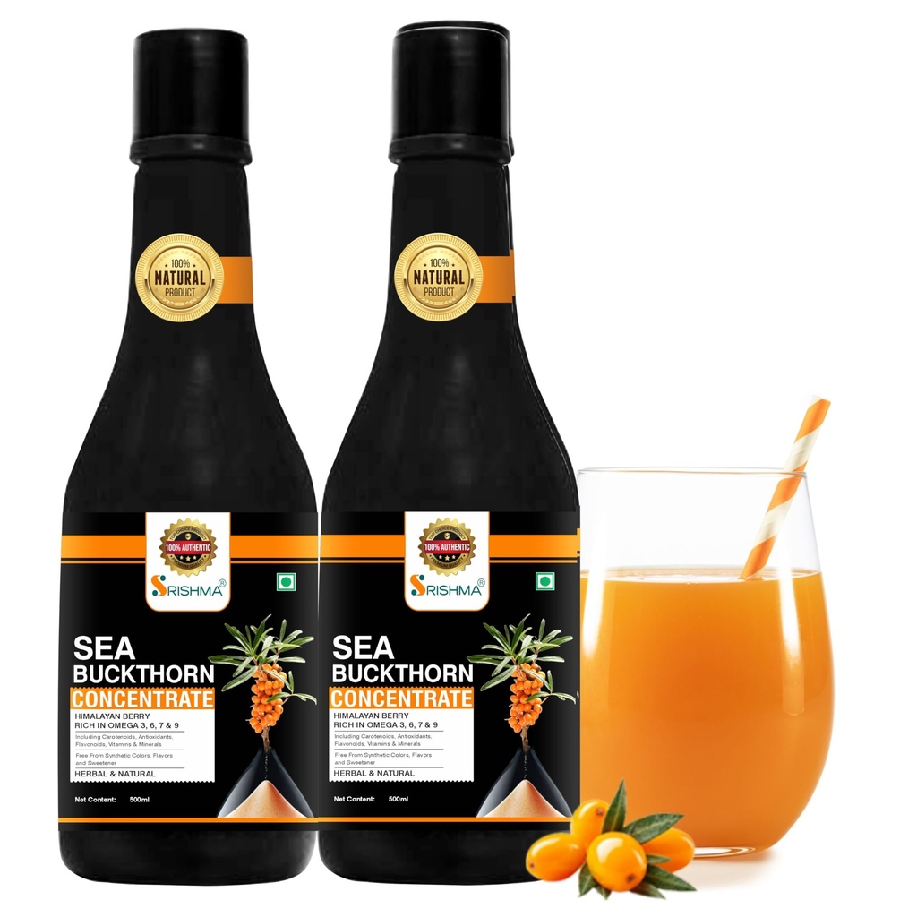 SRISHMA Sea Buckthorn Juice Concentrate 500ml Pack of 2 | Cold Pressed Sea Buckthorn Pulp | Natural Vitamin C & Omega 3 6 7 9 | Antioxidant Rich Herbal Health Drink