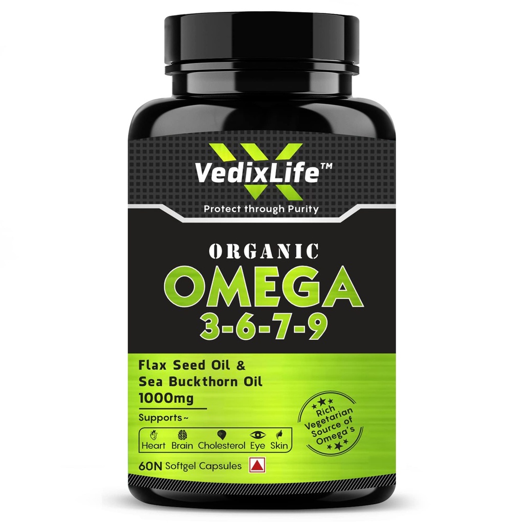 OMEGA 3-6-7-9 Capsule With Flax Seed & Sea Buckthorn Oil | Organic Ingredients, Non-GMO, Gluten Free for Men and Women | Immunity Booster, For Stronger Bones And Joints | 60 Softgel Capsules