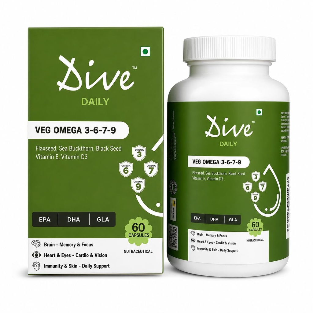 Dive Daily Veg Omega 3-6-7-9 | Plant-Based Omega Supplement with Flaxseed, Sea Buckthorn & DHA | Supports Heart, Brain, Skin, Eyes & Immunity | Vegetarian Fish Oil Alternative | 60 Veg Capsules
