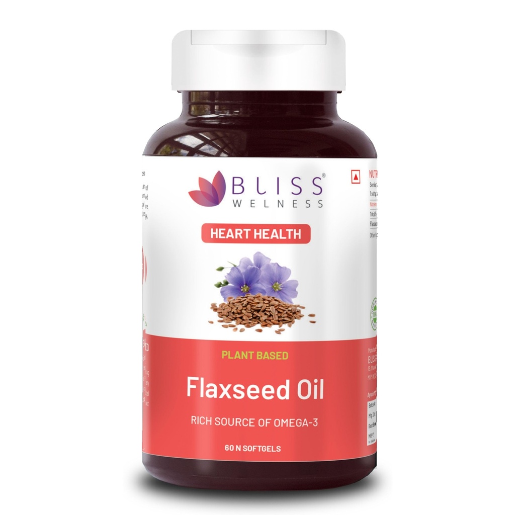 Bliss Welness Organic Flaxseed Oil 2000mg | Extra Virgin Cold Pressed Omega 3 6 9 Oil | Hair Skin Heart Brain Eye Skin Joint Immune Health Supplement - 60 Softgel Capsules, 70 grams