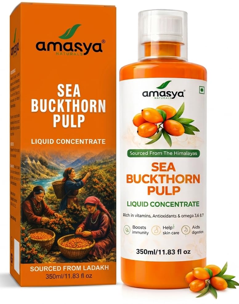 Amasya Naturals Sea Buckthorn Pulp Liquid Concentrate 350ml | Himalayan Sourced | Rich in Omega 3 6 7 & Antioxidants | Supports Immunity Skin & Digestion | Natural Health Supplement Juice (Pack of 1)