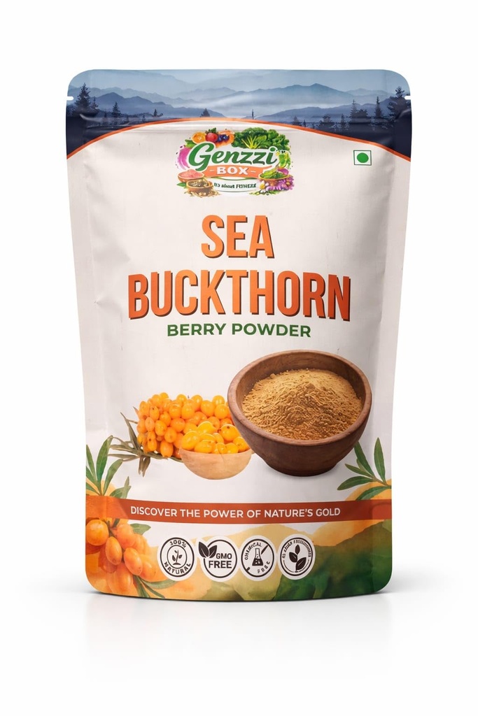 Genzzi Box Himalayan Sea Buckthorn Berries Powder | Rich in Omega 3, 6, 7, 9 | Collagen, Fiber, Vitamin C, Vitamin E | Dry Sea Buckthorn Berry Powder (200Gm)