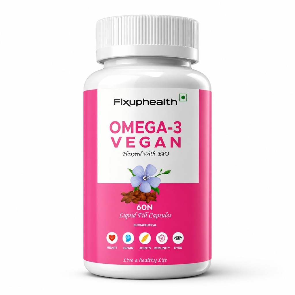Fixuphealth Flaxseed Oil Omega 3 Vegetarian Capsules with Evening Primrose Oil | Vegan Omega 3 Supplement for Hair, Skin, Heart, Brain, Joint & Bone Health | 60 Liquid Filled Veg Capsules