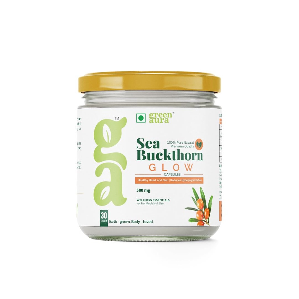 Green Aura Sea Buckthorn Glow Capsules (30 Capsule) | Omega 7 Rich Oil for Skin Hydration | Supports Collagen & Heart Health | Natural Skin & Wellness Supplement (500mg)