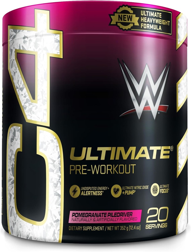 Cellucor C4 Ultimate x WWE Pre Workout Polvere Pomegranate PileDriver - Supplemento di energia pre-allenamento senza zucchero per uomini e donne - 300mg Caffeina + 3.2g Beta Alanine + Creatine brevettate - 20 Serve