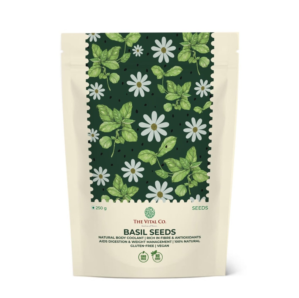 The Vital Co Sabja Seeds 250g | Basil Seeds Tukmaria for Falooda Drinks Desserts | High Fibre Natural Cooling Superfood | Healthy for Digestion Weight Management