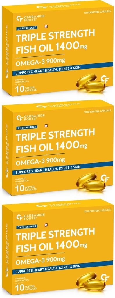 Carbamide Forte Triple Strength Omega 3 Fish Oil Capsules Softgel 1400mg | Fish Oil Omega 3 Supplement 900mg For Men & Women | Omega3 Supplement for Heart, Joints, Bones & Skin | 10 Softgel Capsules