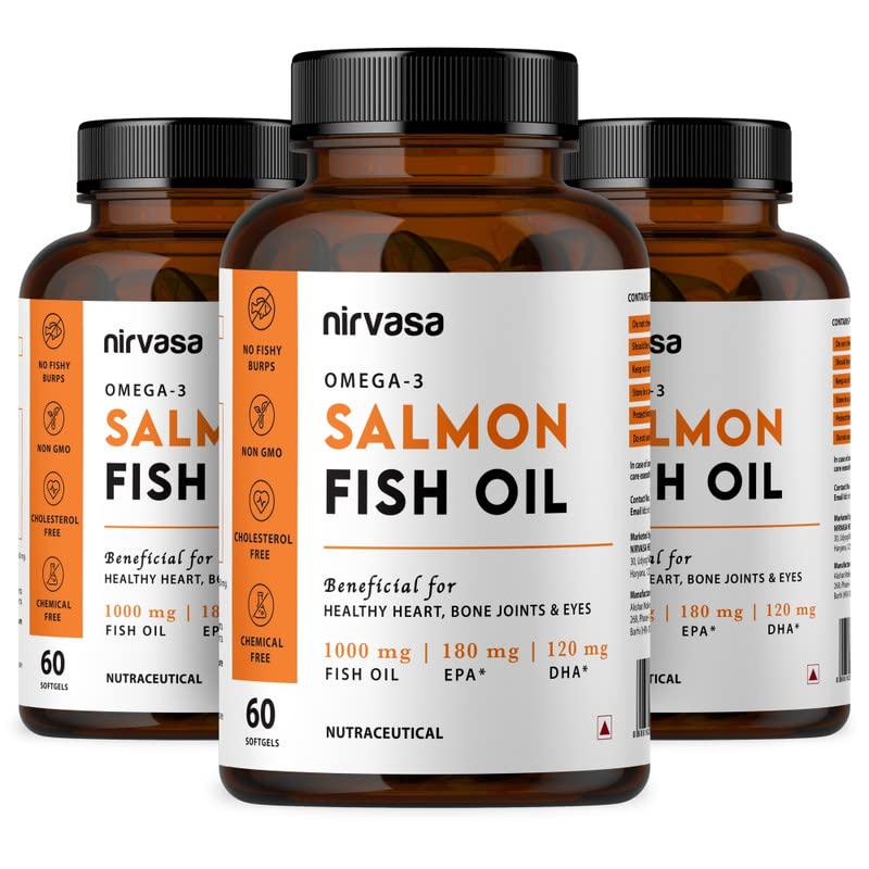 Nirvasa Omega-3 Salmon Fish Oil Capsules (1000mg, 3x60 Softgels) | High-Potency 180mg EPA & 120mg DHA | Supports Heart, Brain, Eye & Bone Health | No Fishy Burps | For Men & Women – Pack of 3