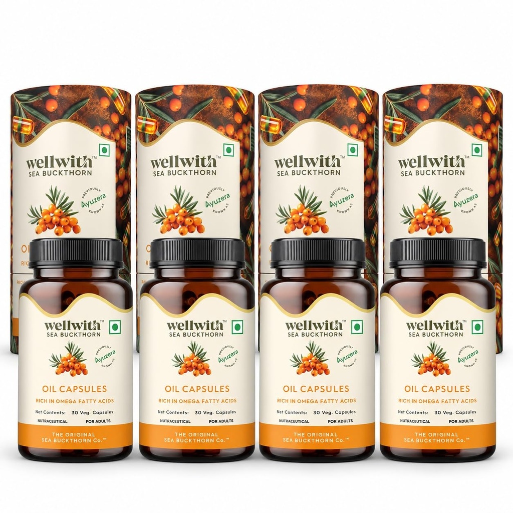 Ayuzera Wellwith by Sea Buckthorn Berry Oil Omega 7,120 Veg HPMC Capsules,60-Day Supply| Sea buckthorn capsules rich In Omega 3,6 & 9 For Muscle,Bone,Heart & Skin| Dietary Supplements,500 Mg Each, 1 Count