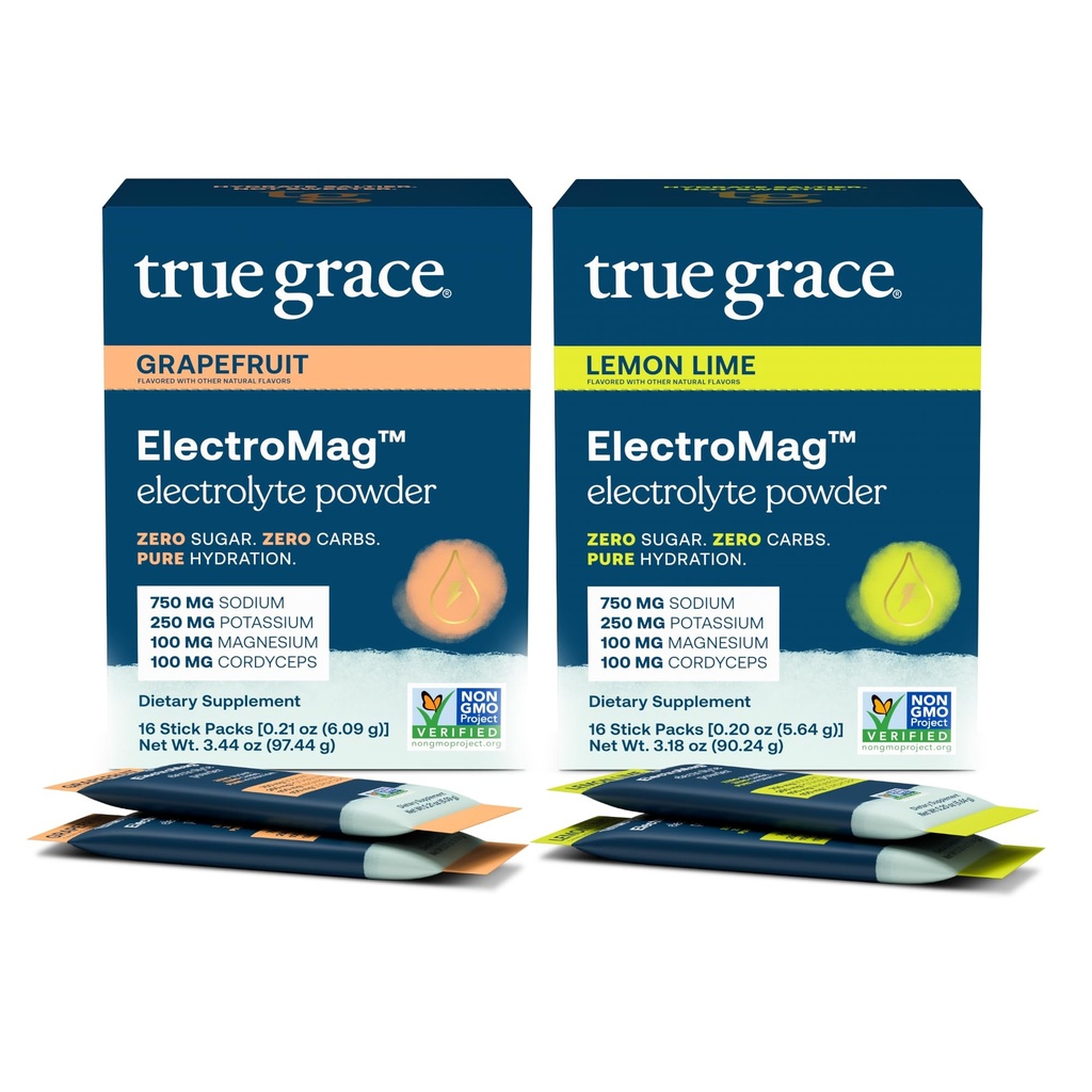 True Grace ElectroMag - Grapefruit (16 Stick Packs) + Lemon Lime (16 Stick Packs) - Elektrolytpulver für schnelle Hydration - Zero Sugar & Carbs - Non-GMO - 32 Gesamt Servietten