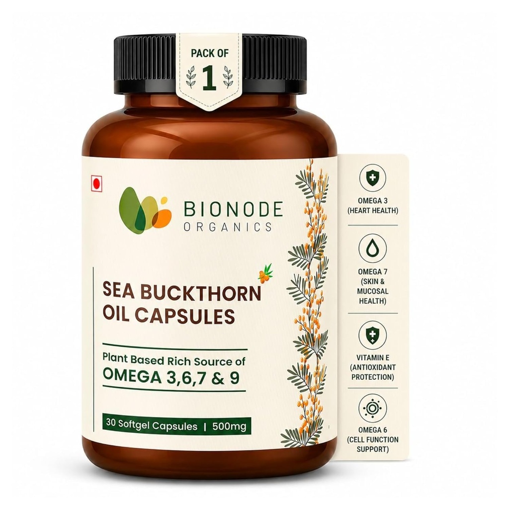 Sea Buckthorn Oil Capsules, 500mg, Plant Based Omega 3 6 7 9, 30 Softgels