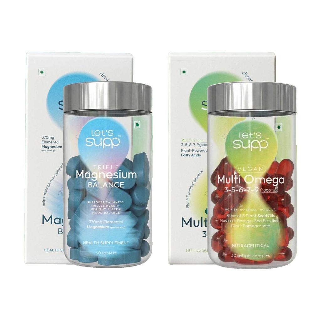 Let's Supp™ Daily Ritual Duo | Triple Magnesium Balance 370mg + Vegan Multi Omega 3-5-6-7-9 | Sleep, Stress, Calm + Heart, Skin & Hormone Support | For Men & Women (30 Tablets + 30 Softgels)