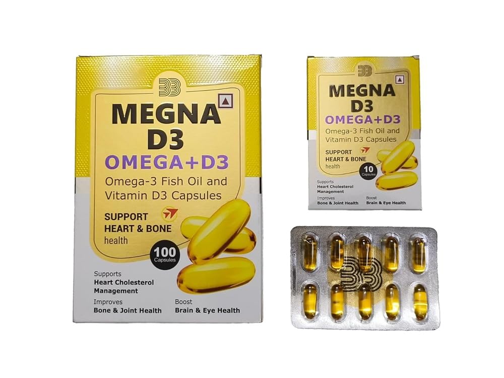 MegnaD3 Omega + Vitamin D3 Fish Oil Softgels/Capsules | Omega-3 Fatty Acids & Vitamin D3 Supplement for Daily Wellness | 10 Capsules (Pack of 1)