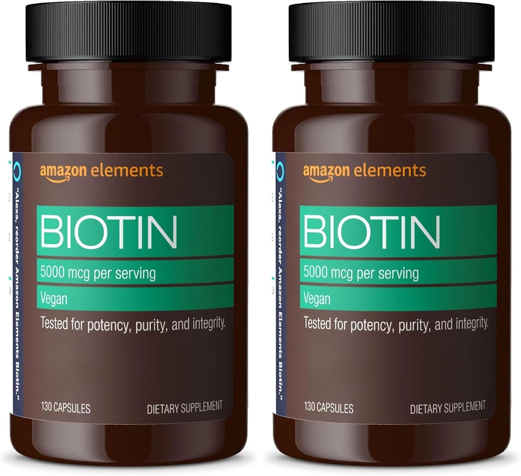 Eléments Vegan Biotin 5000 mcg - Cheveux, peau, ongles, 130 capsules (4 mois d'approvisionnement) (emballage de mai Vary) (paquet de 2)