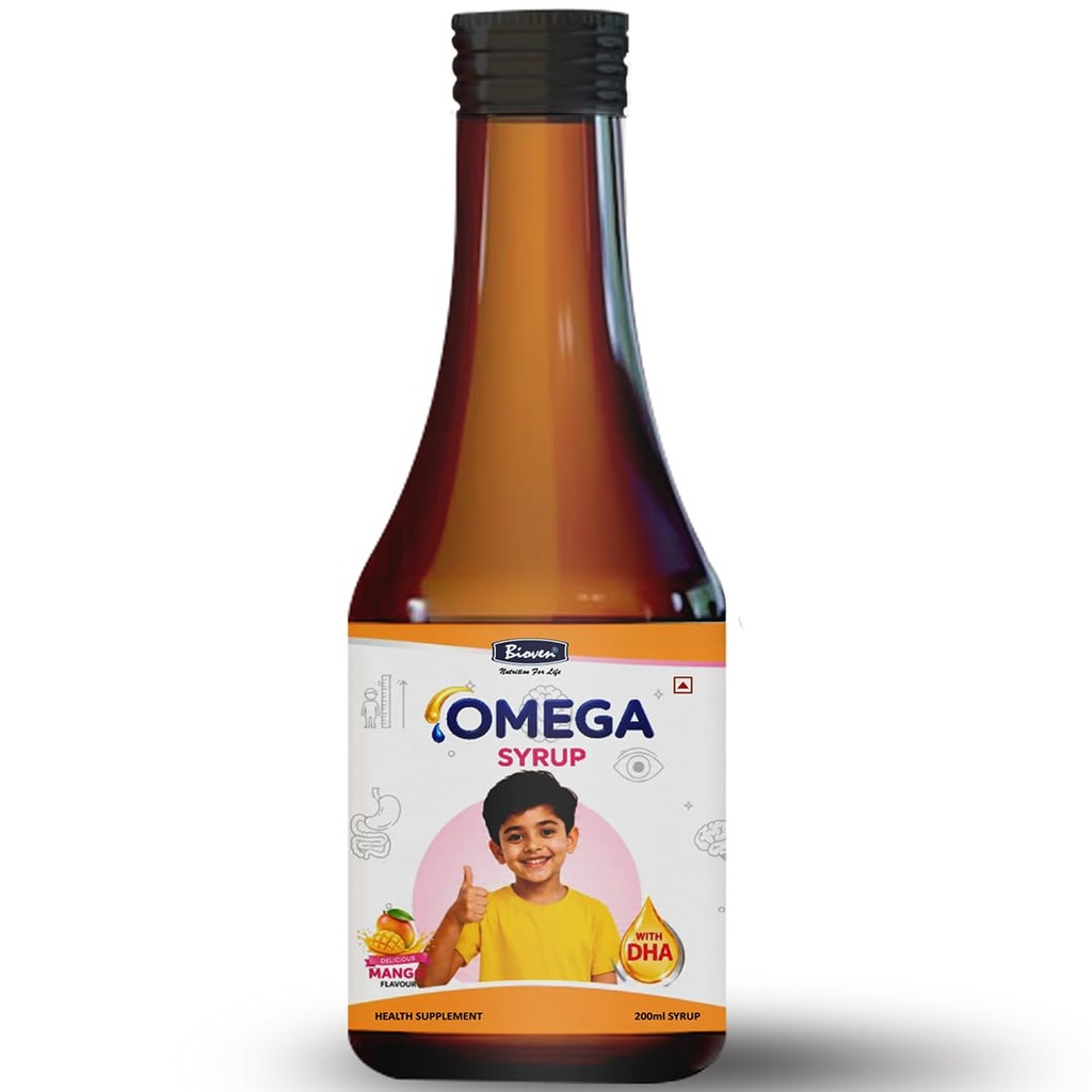 Omega Syrup with DHA, Omega Fatty Acids, L-Lysine, Choline, Vitamins & Minerals, Mango Flavour Nutritional Supplement for Children, 200 ml
