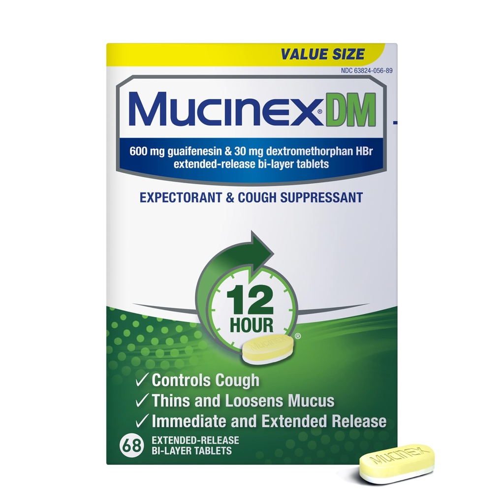 Mucinex DM 12Hr Chest Congestion & Cough Medicine für Erwachsene, Kalte und Hustenmedizin für überschüssiges Mucus Relief, 600 mg Guaifenesin & 30 mg Dextromethorphan HBr, 68 Bi-Layer Tablets