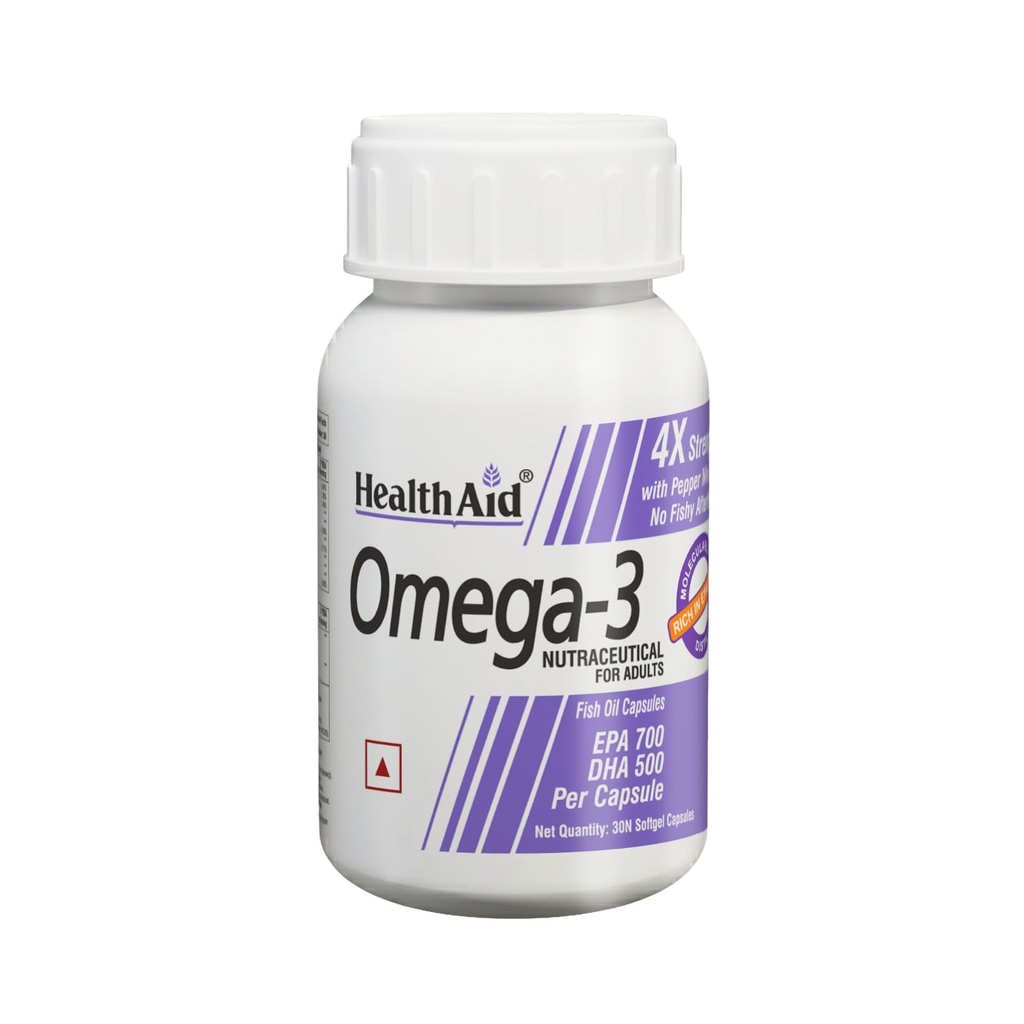 HealthAid Omega-3 Fish Oil Capsules | 1560mg 4X Strength Purified Fish Oil | Mercury-Tested, Peppermint Flavour for No Fishy Aftertaste | Supports Heart, Brain, Eye & Joint Health | 30 Softgels (Pack of 1)