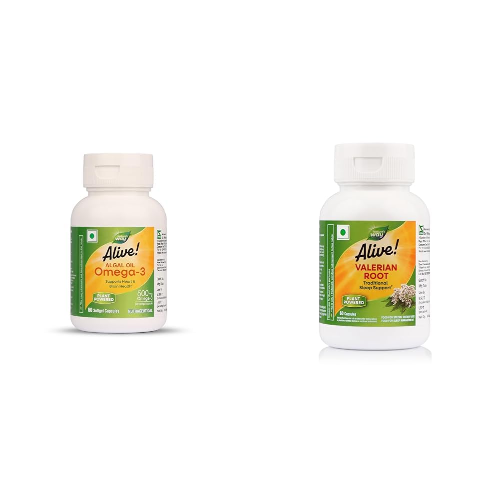 Nature's Way Alive Omega-3 500 mg|Pure Algal Oil Plant Omega for Heart & Brain Wellness -100% Veg, | Nature’s Way Alive Valerian Root | Supports Sound Sleep & Relaxation| Traditional Sleep Support fo