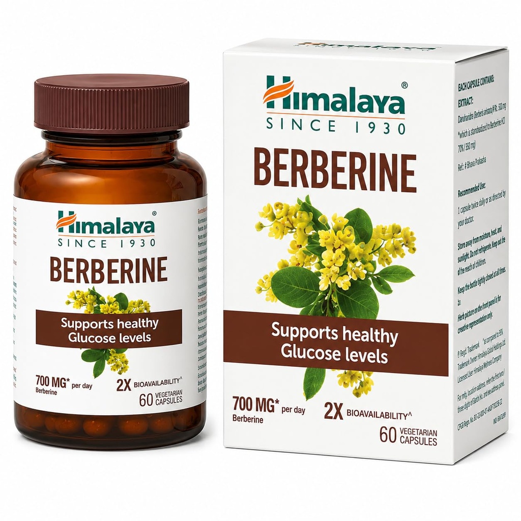 Himalaya Berberine Capsules | Supports Healthy Glucose and Cholesterol Levels | 2X Bioavailability | 700 mg Berberine Per Day | Vegetarian, No Artificial Colours, Preservative Free | 60 Capsules