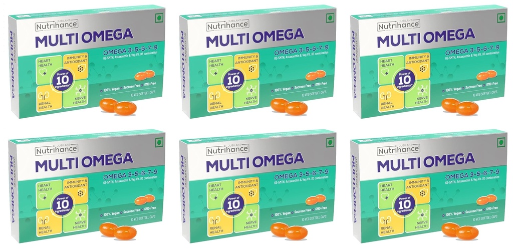 Multiomega 100% Vegan Omega Softgel | Omega 3-5-6-7-9 Vitamin D3 (10 Capsules) X Pack Of 6