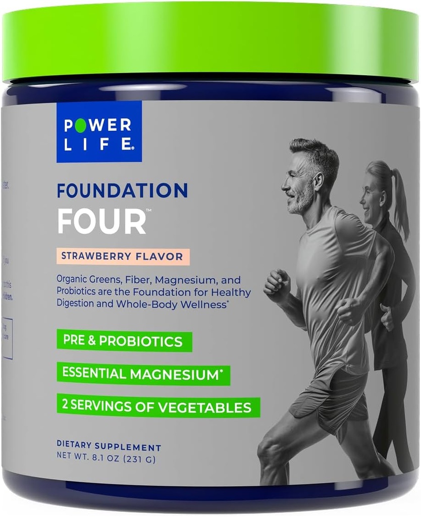 Fondation POWERLIFE Quatre boissons vertes avec biotique pré et pro, magnésium essentiel, 2 portions de légumes, goût de fraise 30 portions