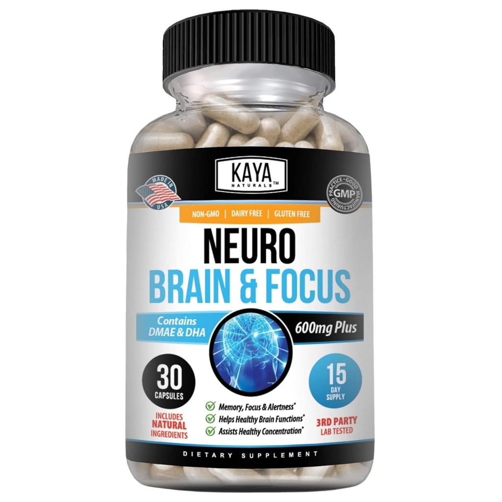 Kaya Naturals - Neuro Gehirn für Memory & Focus - Nootropic Energy Capsule - Nootropic Brain Support Supplement - Fokus & Konzentration & Lerngenauigkeit - Kognitive Funktion - 30 Count