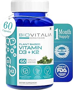 Biovitalia Vitamine à base de plantes D3 + K2 60 Capsules pour les hommes et les femmes.Le supplément alimentaire soutient le système immunitaire et la santé osseuse.