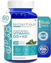 Biovitalia Vitamine à base de plantes D3 + K2 60 Capsules pour les hommes et les femmes.Le supplément alimentaire soutient le système immunitaire et la santé osseuse.