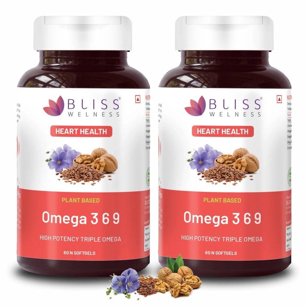 Bliss Welness Organic Omega 3 6 9 2000mg | Omega3 ALA 1000mg Omega 6 LA 274mg Omega 9 OA 400mg Essential Fatty Acid | Heart Cholesterol Brain Eye Immunity Health Supplement - 60 Softgel Capsules (Pack of 2)