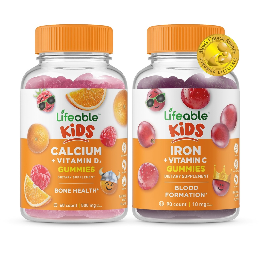 Calcio vitale con vitamina D bambini + ferro e vitamina C bambini, Gummies Bundle - Grande degustazione, integratore di vitamina, senza glutine, OGM libero, pancia masticabile