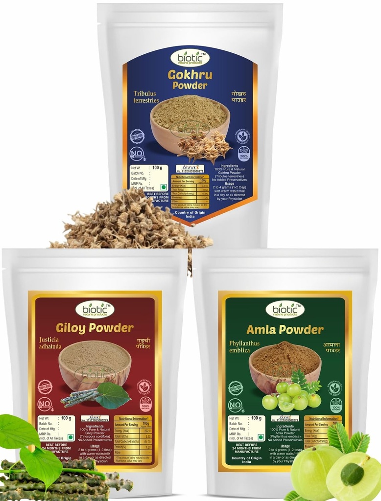 Biotic Natural Gokhru, Giloy and Amla Powder - 300g (100g each)