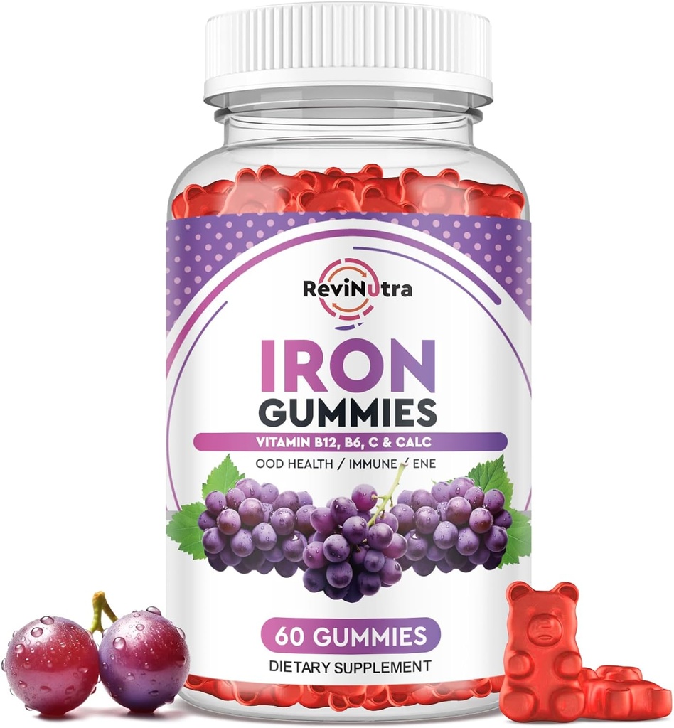 Gummie di ferro - con Calcio, Zinco, Folato & Vitamina B12, C, B6 per adulti e bambini - Sangue Builder & Energy Support per la carenza di ferro, Anemia, Vegan - Fiamma di uva,60 Gummies