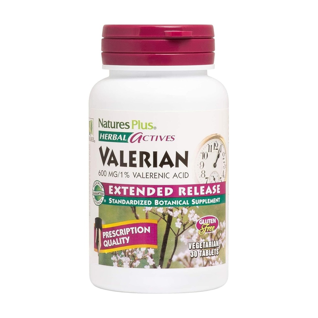 Natures Plus pflanzliche Wirkstoffe Valerian Extended Release Tablets - 600 mg, 30 vegan Tablets - Vegetarisch, Glutenfrei - 30 Servierungen