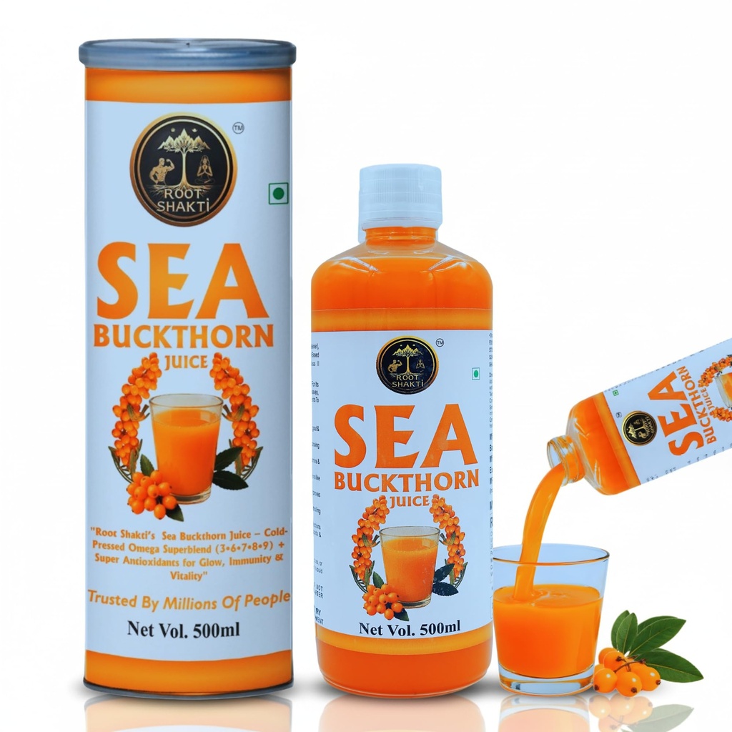 ROOT SHAKTI Naturals Sea Buckthorn Juice 500ml | Himalayan Berry Drink Rich in Omega 3 6 7 9 & Vitamin C | Natural Immunity Booster & Antioxidant | Supports Skin Glow, Heart & Gut Health | No Added Sugar