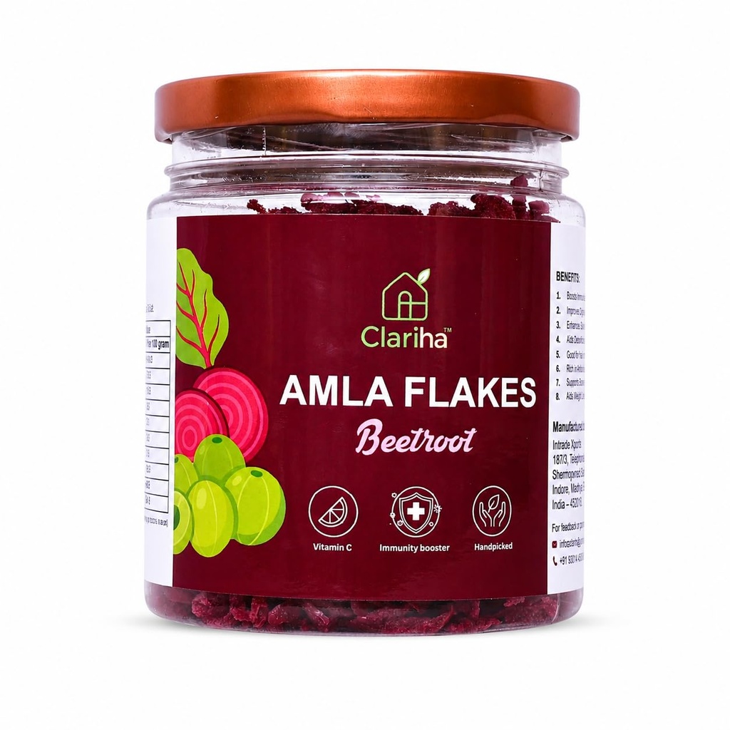 CLARIHA Beetroot Amla Flakes 100g | Beetroot Flavoured Amla Candy & Mukwas | Ready to Eat Indian Gooseberry Snack | Rich in Vitamin C & Dietary Fibre | No Preservatives | Supports Healthy Digestion