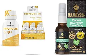 BEE and You Bundle: Propolis Shot avec Vitamine C, D3 et Zinc avec Propolis Raw Honey Throat Spray, Ultra Pure, 100% Naturel, Immune Support, Superfood