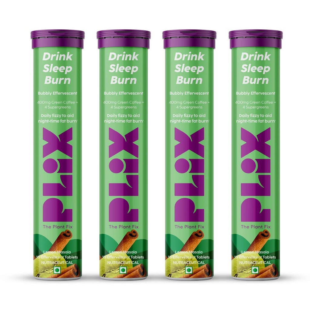 The Plant Fix Plix Green Coffee Bean 15 Effervescent Tablets For Metabolism & Energy Levels With Green Coffee Bean, Garcinia Cambogia, Cinnamon Extract and Wheatgrass, Pack of 4 (Lemon Twist)