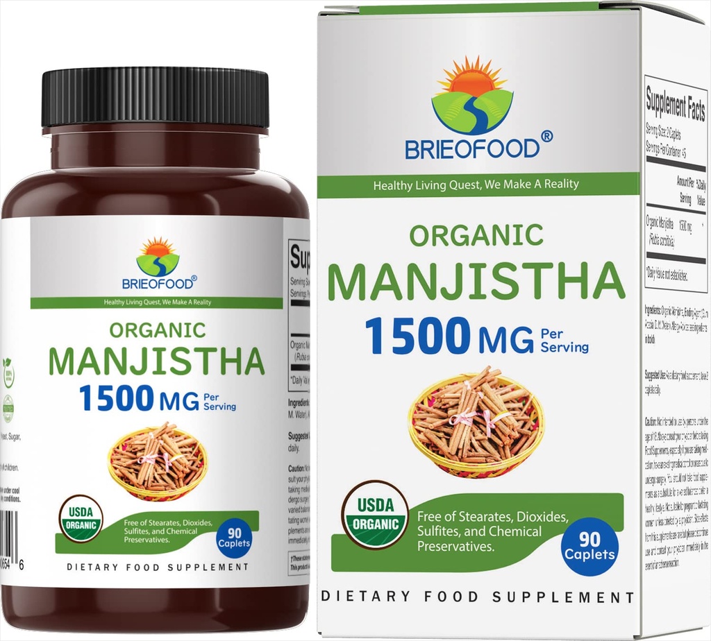 Brieofood Organic Manjistha 1500mg, 45 Serve, Vegetariano, Senza Glutine, 90 compresse vegetariane