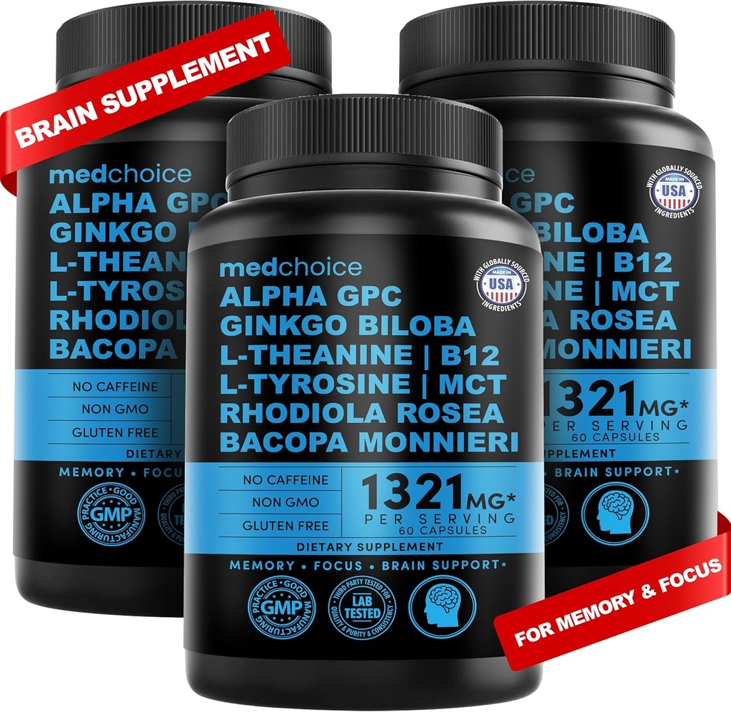 12-in-1 Nootropic Brain Supplemento Anhydrous: Ginkgo Biloba per il supporto del cervello, memoria e messa a fuoco - B12, Alpha GPC, L Theanine e Choline Integratori con Bioperine Non Caffeina 1321mg (180ct)