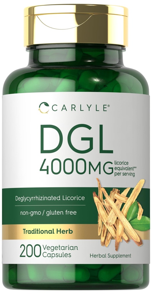 Carlyle DGL Deglycyrrhizinated Licorice Capsule | 200 Count | 4000mg | Vegetariano, Non OGM & Gluten Integratore Libero