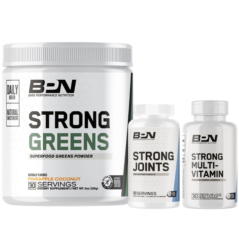 BARE PERFORMANCE NUTRITION BPN Strong Greens Superfood Powder, Giunti forti & Strong Multi-Vitamin Bundle